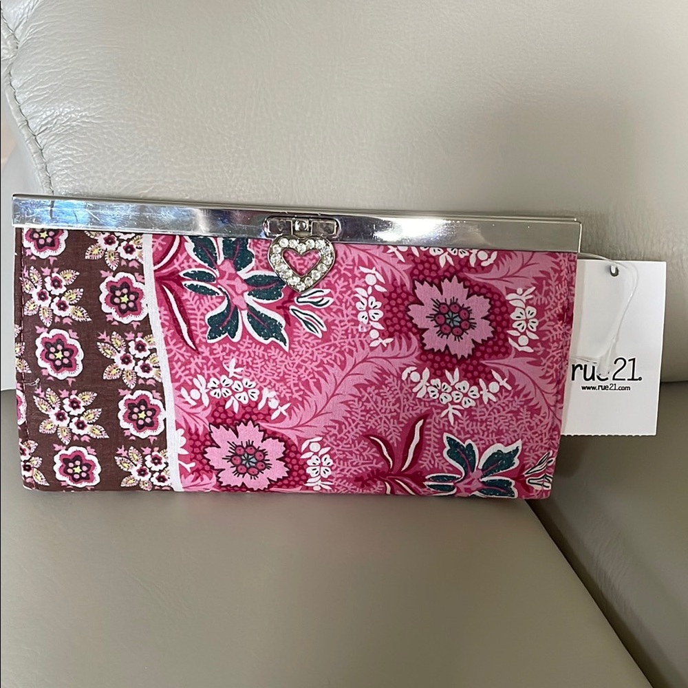 Rue21 Pink and Brown Floral Clutch